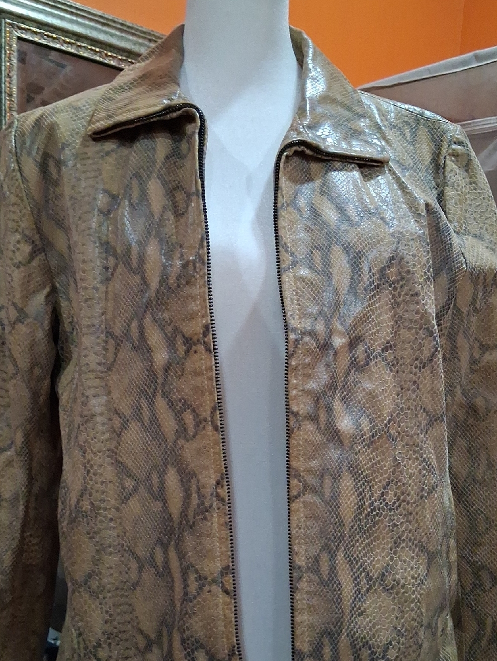 Snake-Print Zip-Front Leather Jacket in Tan